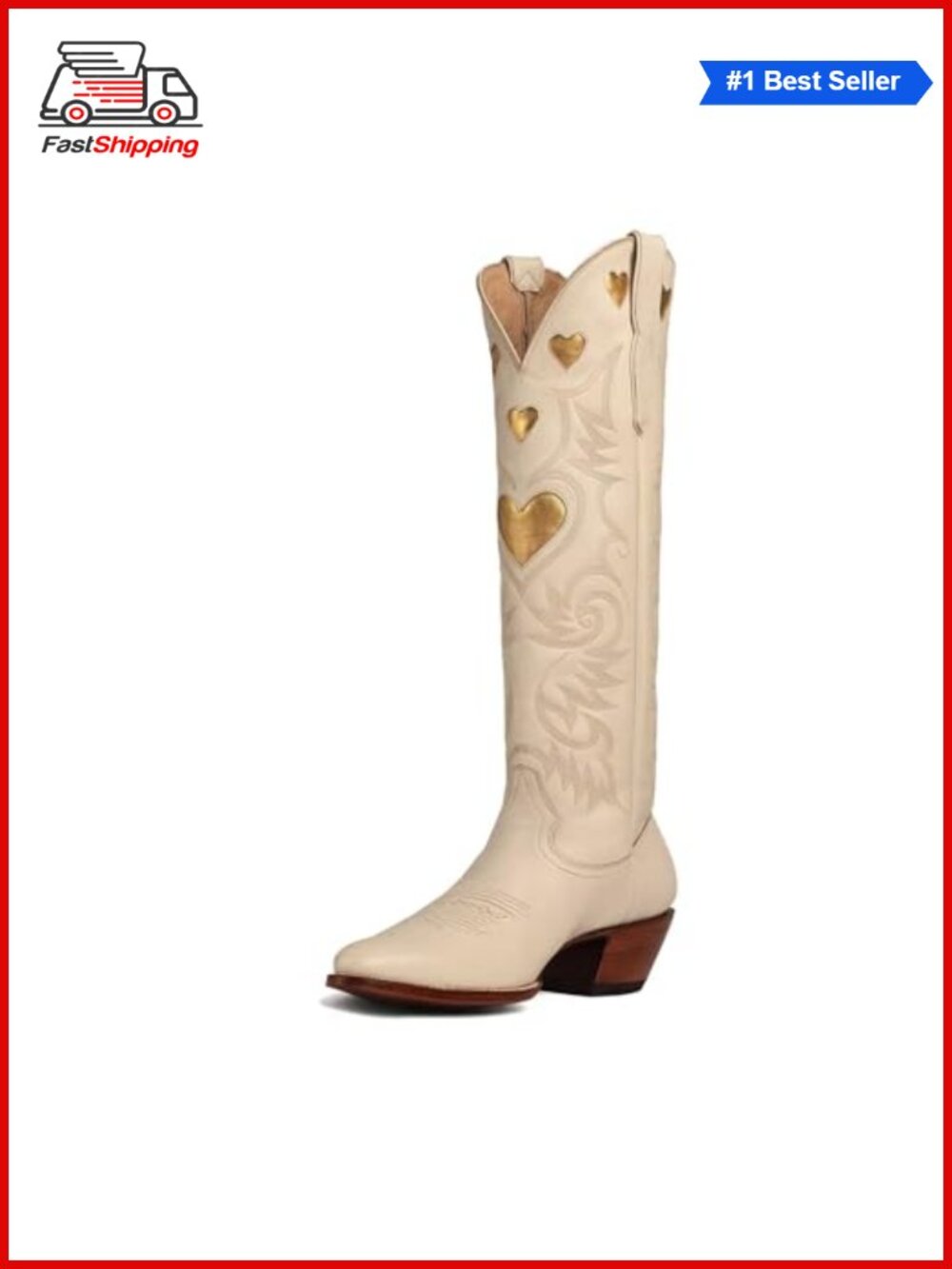 ✨Agodor Cowboy Boots Women Heart Embroidered Wide Calf Knee High Chunky Heel